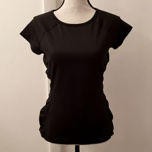 EUC, Fila black fitted dry-fit material tee with ruffled/gathered side detail.